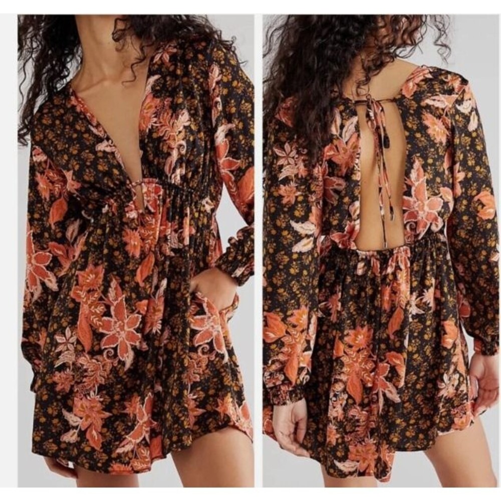 Free People Soli Black Orange Floral Mini Dress XS NEW